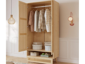 ModernLuxe Kledingkast met roede - 2 rotan gaasdeuren en 1 klepvak - Naturel
