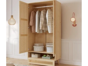 ModernLuxe Armário com varão - 2 portas em rede de vime e 1 compartimento com aba - Natural