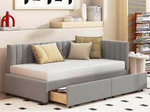 ModernLuxe Fluweel gestoffeerde slaapbank 90x200cm - met 2 grote lades en lattenbodem - Grijs