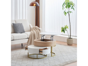 Merax Set van 2 in elkaar geschoven salontafels met hefblad en 2 laden - Gouden poten - MDF hout - Wit + eiken