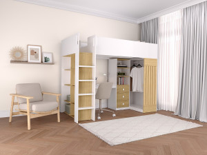 Vente-unique Hoogslaper 90 x 190 cm met bureau en hangkast - Kleur: wit en naturel - LORINTI