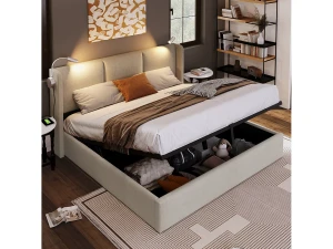Cama hidráulica com candeeiro de leitura - 160x200 cm - Carregamento USB e grande arrumação - Linho - Bege