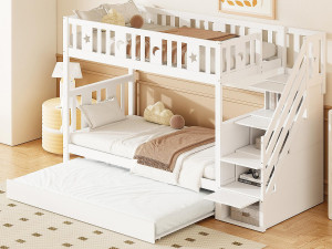 ModernLuxe Kinderstapelbed 90x200 cm + onderschuifbed 90x190 cm - massief hout - met opbergtrap - Wit