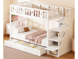 ModernLuxe Kinderstapelbed 90x200 cm - massief hout - met opbergtrap en 2 lades - Wit