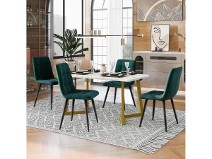 Merax Conjunto de mesa de jantar 117 x 68 cm com 4 cadeiras estofadas em veludo - pernas em metal dourado - Branco + verde