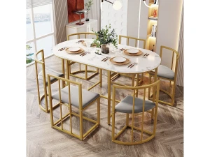 Merax Mesa oval + conjunto 6 cadeiras de sala de jantar - veludo e metal dourado - estilo moderno - branco + dourado