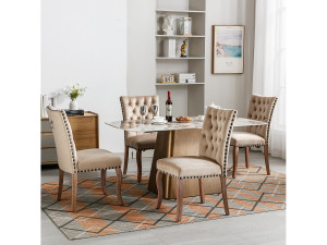 Merax Set van 4 eetkamerstoelen bekleed met fluweel - Poten van massief notenhout - Knoopversiering - Beige