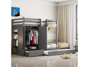 Merax Stapelbedden 2 x 90 x 200 cm met onderschuifbed 190 x 90 cm - Kledingkast, lade en opbergplanken - Grenenhout en MDF - Grijze kleur