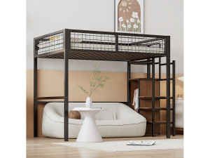 Merax Hoogslaper 140 x 200 cm met open kledingkast en ladder - metalen frame - zwart
