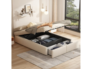 140x200cm opbergbed in linnen stof met 2 lades - lattenbodem - zonder hoofdbord - Beige