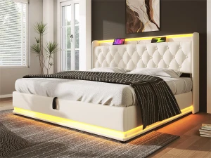 ModernLuxe Cama de arrumação em pele sintética 180x200cm - com LED e tomadas USB e Tipo C - Branco