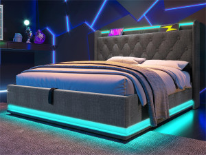 ModernLuxe Linnenbed van 140x200 cm - met LED- en USB- en Type-C-aansluitingen - Grijs