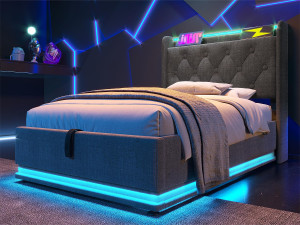 ModernLuxe Linnenbed van 90x200 cm - met LED- en USB- en Type-C-aansluitingen - Grijs