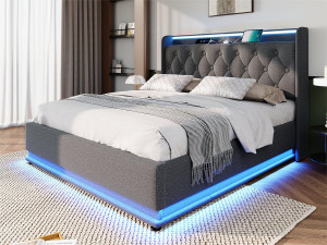ModernLuxe Linnenopbergbed 180x200cm - met LED- en USB- en Type-C-aansluitingen - Grijs