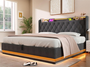 ModernLuxe Linnenopbergbed 160x200cm - met LED en USB & Type-C stopcontacten - Grijs
