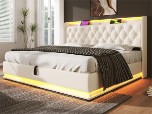ModernLuxe Opbergbed van kunstleer 140x200cm - met LED- en USB- en Type-C-aansluitingen - Wit