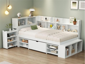 ModernLuxe MDF-bed van 90x200 cm - met multifunctionele opbergruimte en een kleine uitneembare boekenkast - met lattenbodem - Wit