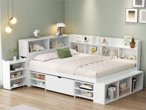 ModernLuxe MDF-bed van 140x200 cm - met multifunctionele opbergruimte en een kleine uitneembare boekenkast - met lattenbodem - Wit
