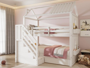 ModernLuxe Kinderstapelbed 90x200cm - met opbergtrap + 2 lades + legplanken - in grenenhout en MDF - Wit