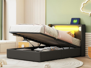 ModernLuxe Gestoffeerd kunstleer opbergbed 90x200cm met LED, Bluetooth speler en USB oplaadpoorten - met lattenbodem - Zwart