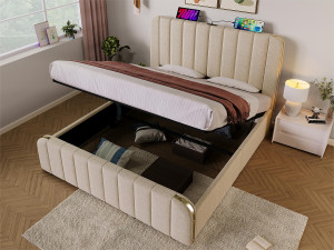 ModernLuxe Opbergbed 160x200cm in linnenstof - met USB & Type-C opladen - versierd met gouden strepen - Beige
