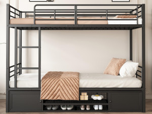 ModernLuxe IJzeren stapelbed 90x200cm - met schoenenrek en ladder - Zwart