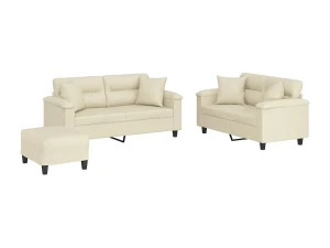 vidaxl 3 pcs conjunto de sofás com almofadas couro artificial creme