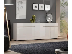 Dmora Aparador Dfilanger, Buffet de sala, Madia de sala, Despensa de cozinha, Made in Italy, 225x38h79 cm, Branco brilhante
