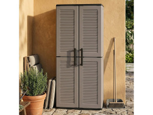 Dmora Dargentes buitenkast, Multifunctionele bezemkast, 2-deurs buitenkast, 100% Made in Italy, Gestreepte afwerking, 68x37h163 cm, Grijs en Zwart