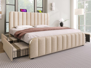 ModernLuxe Bed met lades 180x200cm in linnenstof - met USB & Type-C opladen - versierd met gouden strepen - Beige