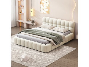 Volwassen bed 140x190cm, tweepersoonsbed in linnen met zachte rugleuning, Vlak bed met gewatteerd frame, lattenbodem, hoofdeinde, beige (Voorverkoop)