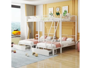 Beliche triplo, estrutura de cama metálica, 140x200cm e 2 camas 90x200cm, com escada e 2 gavetas, estrado incluído, branco