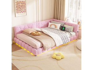 Merax Gestoffeerd bed 140 x 200 cm met hoofdeinde voor volwassenen - LED's + USB-poort - Pluche stof - Roze