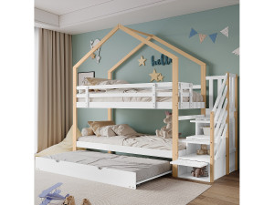 Merax Stapelbed 2 x 90 x 200 cm met uitschuifbed 90 x 190 cm, met 4 lades en trap, massief hout + MDF, wit