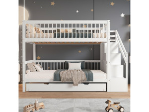 Merax Stapelbedden 2 x 90 x 200 cm + onderschuifbed 90 x 190 cm - 3 lades en trap - grenen + MDF - kleur wit