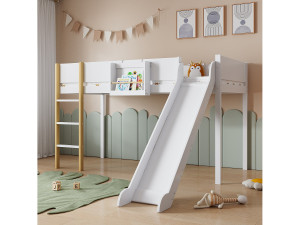 Merax Hoogslaper 90 x 200 cm met glijbaan en afneembare plank, grenen+MDF, wit+naturel