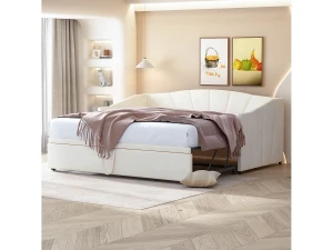 Cama de rodízio 90/180x200cm, sofá-cama estofado extensível com estrados de ripas, cama multifuncional em tecido de veludo estilo moderno - bege