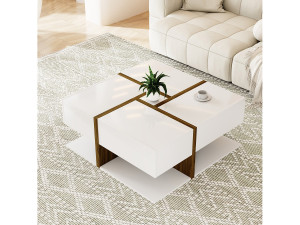 78cm salontafel, rechthoekig, met 4 verborgen lades, moderne stijl, geometrisch ontwerp, houten woonkamertafel - wit