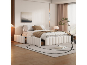 Merax Gestoffeerd bed 140 x 200 cm met 4 lades - zonder hoofdbord - fluweel - beige