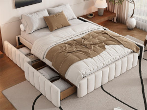 ModernLuxe Gestoffeerd bed 140x200cm in fluweel zonder hoofdeinde - met lades en lattenbodem - Beige