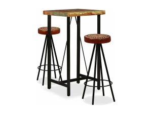 vidaxl Mesa y 2 taburetes bar madera maciza reciclada cuero real lona
