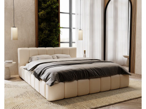 Gestoffeerd bed Split 160x200 crème - opbergruimte voor beddengoed, houten lattenbodem, doorgestikt hoofdbord en bedframe