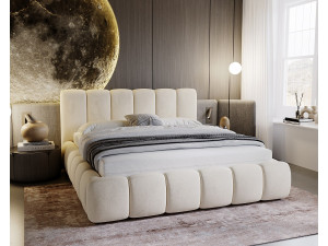 Gestoffeerd bed Cloud 180x200 beige - opbergruimte voor beddengoed, houten lattenbodem, doorgestikt hoofdbord en bedframe