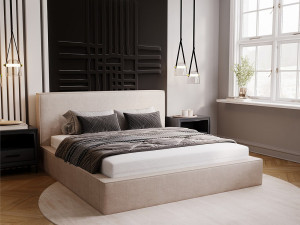 Gestoffeerd bed Monaco 160x200 beige - opbergruimte voor beddengoed, houten lattenbodem, doorgestikt hoofdbord en bedframe