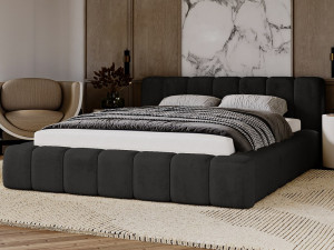Gestoffeerd bed Ibiza 160x200 zwart - opbergruimte voor beddengoed, houten lattenbodem, doorgestikt hoofdbord en bedframe.