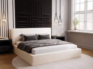 Gestoffeerd bed Monaco 200x200 crème - opbergruimte voor beddengoed, houten lattenbodem, doorgestikt hoofdbord en bedframe