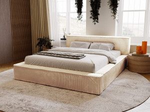 Gestoffeerd bed Lago 160x200 beige - opbergruimte voor beddengoed, houten lattenbodem, hoofdbord en bedframe