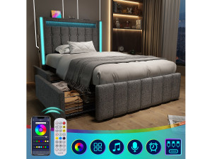 Merax Gestoffeerd bed 90 x 200 cm met 2 lades - USB, Type C stopcontacten en LED verlichting - Linnenstof - Grijs (zonder matras)