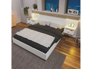 Merax Houten tweepersoonsbed 180 x 200 cm met 2 laden - 2 LED-nachtkastjes en USB C-aansluiting - kleur eiken en wit