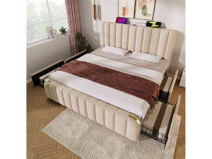 Merax Gestoffeerd bed 180 x 200 cm met 4 lades en hoofdeinde - USB en Type-C stopcontacten - Linnenstof - Decoratieve strepen - Beige (zonder matras)